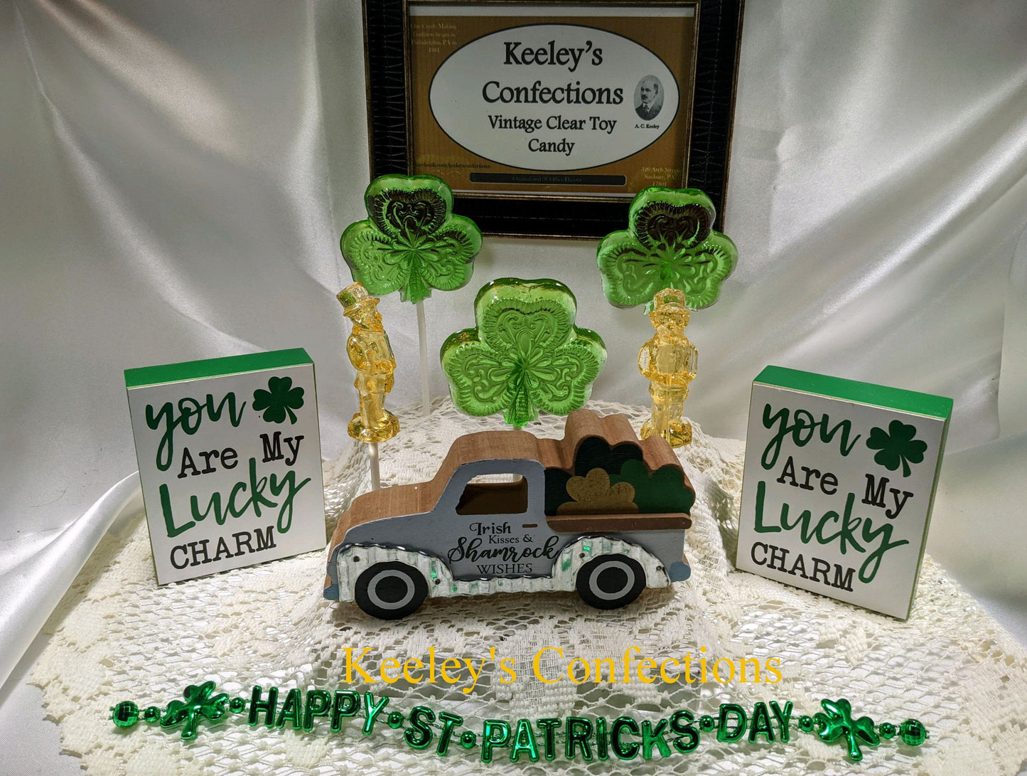 St. Patrick's Day Clear Toy Candy, Barley Lollipops 5 Count Vintage Lucky Charm Collection