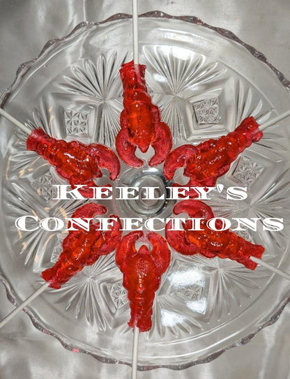 Vintage Clear Toy Candy, Castine Cinnamon Lobster Collection Lollipops 3 Dimensional - 6 Count